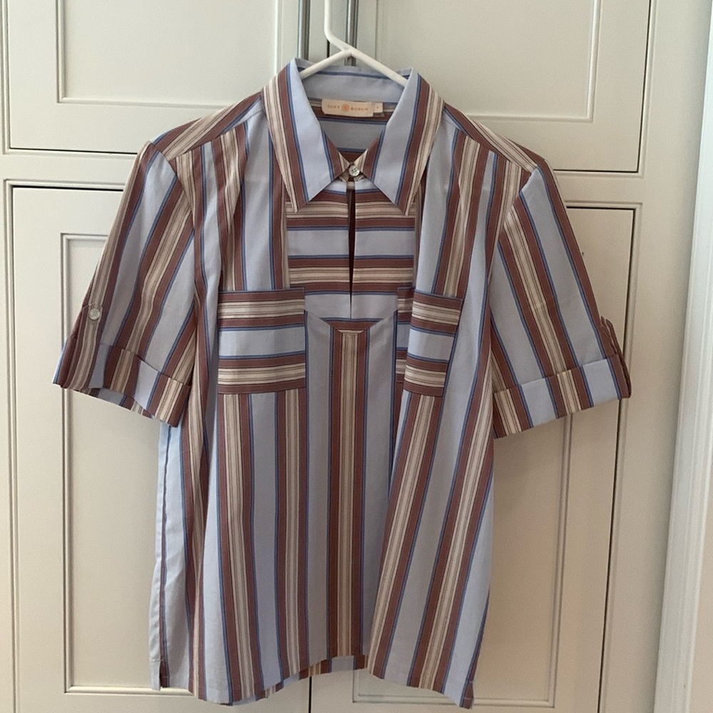 Tory Burch striped shirt with short sleeves and button detail.